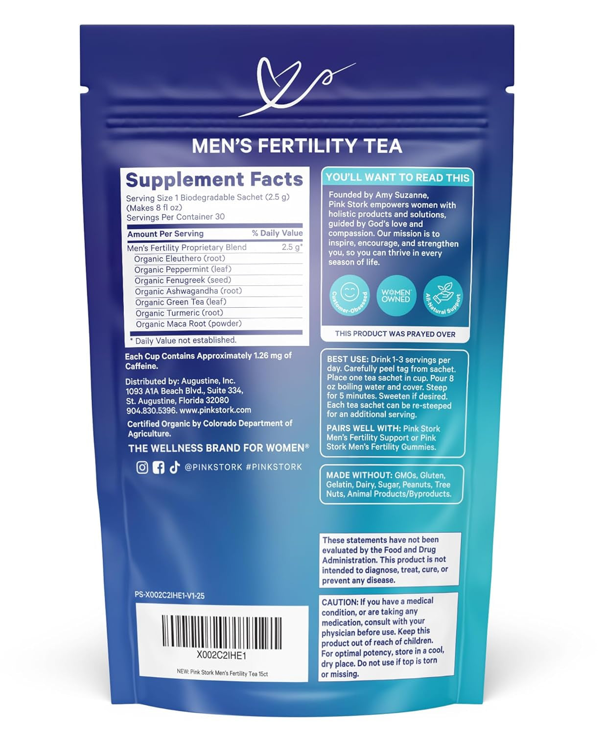 Blue Stork Men'S Fertility Tea: Organic Fertility Supplements for Men, Green Tea, Maca Root, and Ginkgo Biloba for Male Reproductive Health, Mint, 15 Sachets