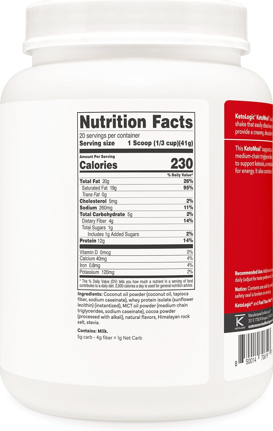 Ketologic Keto Meal Replacement Shake Powder for Optimal Results + MCT Oil + Grass-Fed Whey - Perfectly Formulated Macros for Ketosis - 20 Servings - Chocolate
