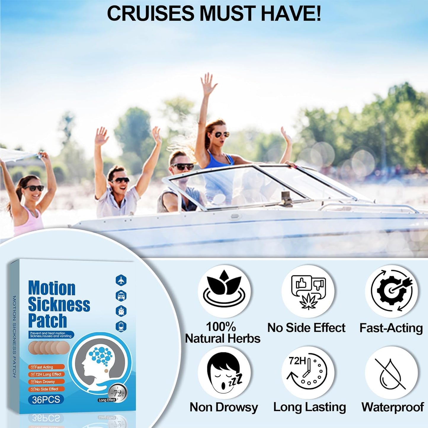 Ultimate Motion Sickness Relief Patches - Fast-Acting Treatment for Dizziness, Nausea, and Vertigo - Perfect for Travel by Cruise, Car, Boat, and Airplane - 36 Count