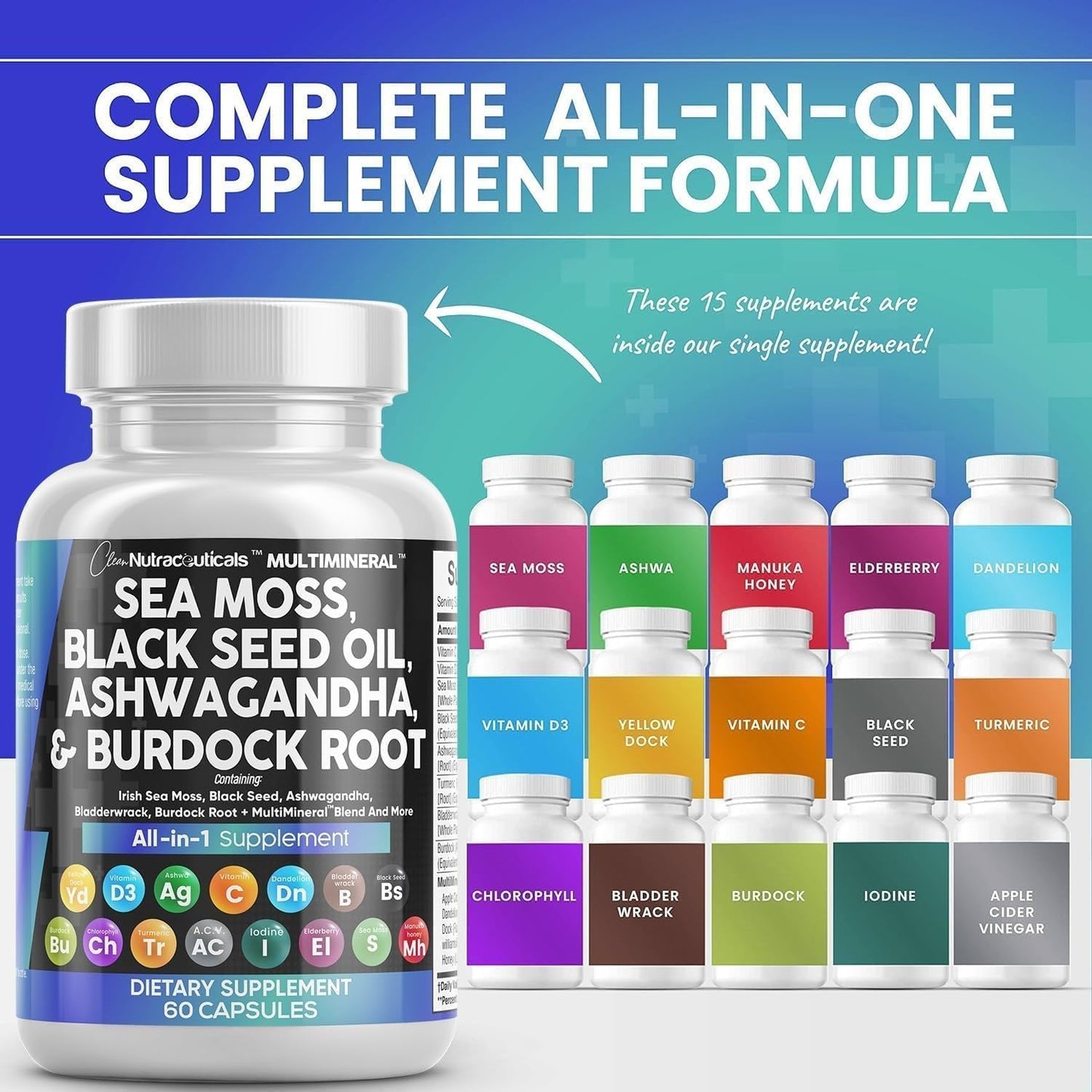 Clean Nutraceuticals Sea Moss, Black Seed Oil, Ashwagandha, Turmeric, Bladderwrack, Burdock, Vitamin C, Vitamin D3, Elderberry, Manuka, Dandelion, Yellow Dock, Iodine, Chlorophyll, and Apple Cider Vinegar Supplement
