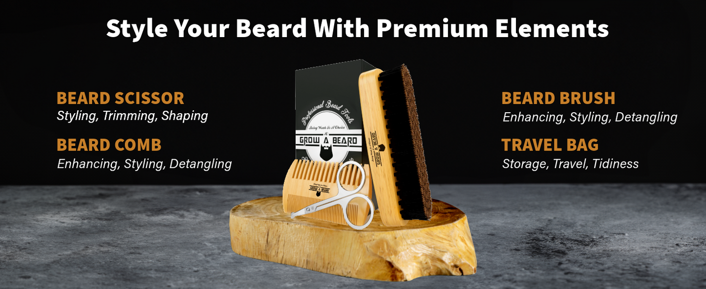 Beard Brush For Men - Beard Comb Set w/Mustache Scissors Grooming Kit, Natural Boar Bristle Brush, Dual Action Wood Comb, And Travel Bag Great For Christmas Gift
