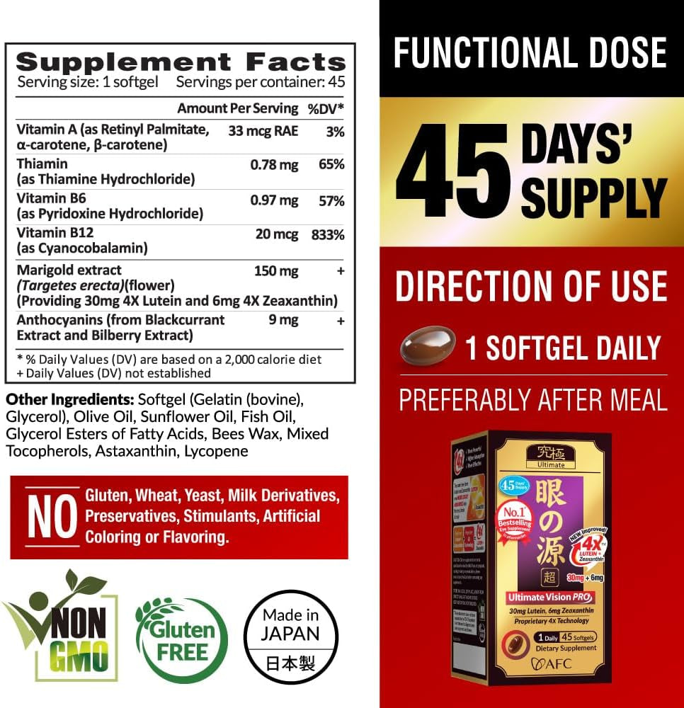 AFC Japan Ultimate Vision PRO – Improved, Up-Sized Formula - Support Vitamins for Eye Health with Lutein, Zeaxanthin 4X, Bilberry, Nutrients for Blurry Dry Eyes, Macular Health & Focus, 45 Softgels