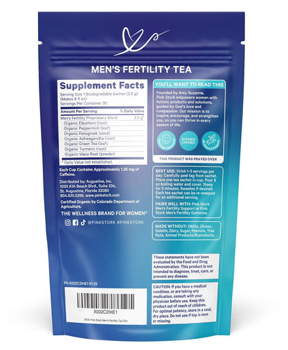 Blue Stork Men'S Fertility Tea: Organic Fertility Supplements for Men, Green Tea, Maca Root, and Ginkgo Biloba for Male Reproductive Health, Mint, 15 Sachets
