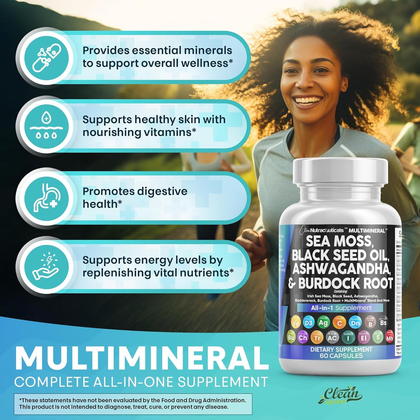 Clean Nutraceuticals Sea Moss, Black Seed Oil, Ashwagandha, Turmeric, Bladderwrack, Burdock, Vitamin C, Vitamin D3, Elderberry, Manuka, Dandelion, Yellow Dock, Iodine, Chlorophyll, and Apple Cider Vinegar Supplement