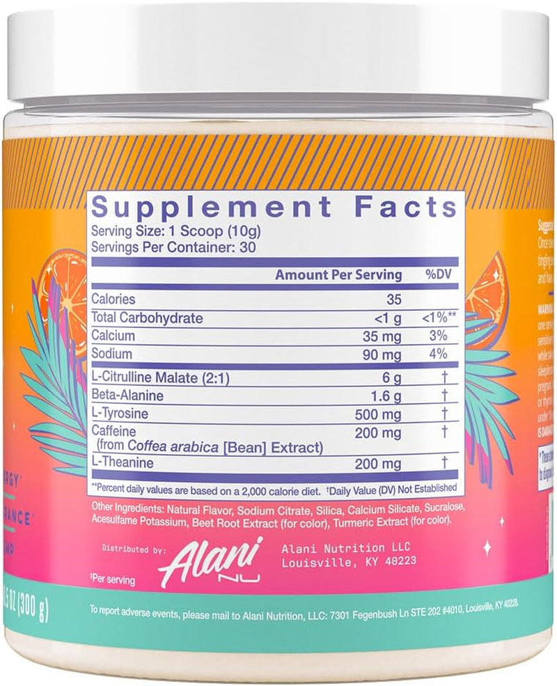 Alani Nu Pre Workout Powder Orange KISS, Amino Energy Boost, Endurance Supplement, Sugar Free, 200Mg Caffeine, L-Theanine, Beta-Alanine, Citrulline, 30 Servings