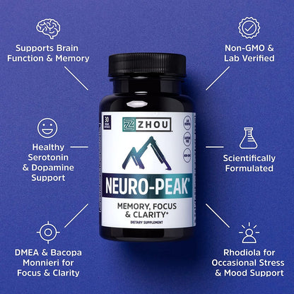 Zhou Neuro Peak Brain Support Supplement | Memory, Focus & Clarity Formula | DMAE, Rhodiola Rosea, Bacopa Monnieri, Ginkgo Biloba & More | 30 Vegcaps