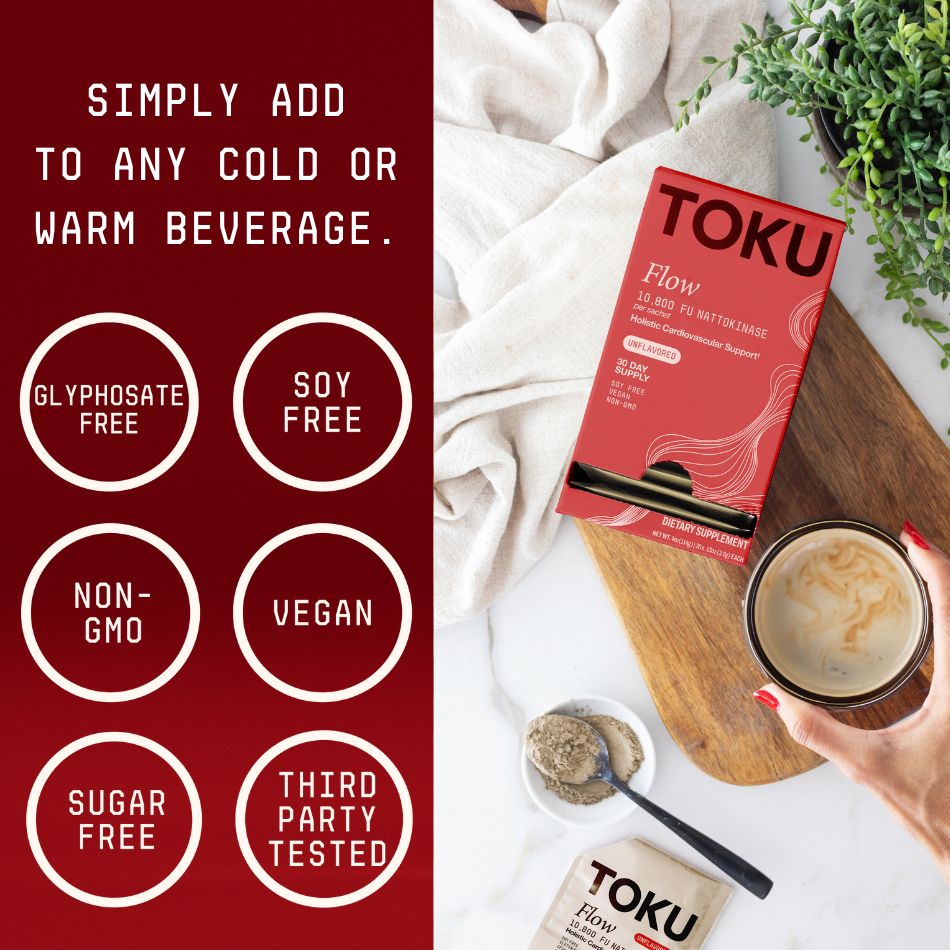 Toku Flow, Functional Daily Powder with 10,800 FU Soy-Free Nattokinase, Vitamin K2 MK7 & Oat Beta Glucan, Plant-Based Formula - 30 Packets