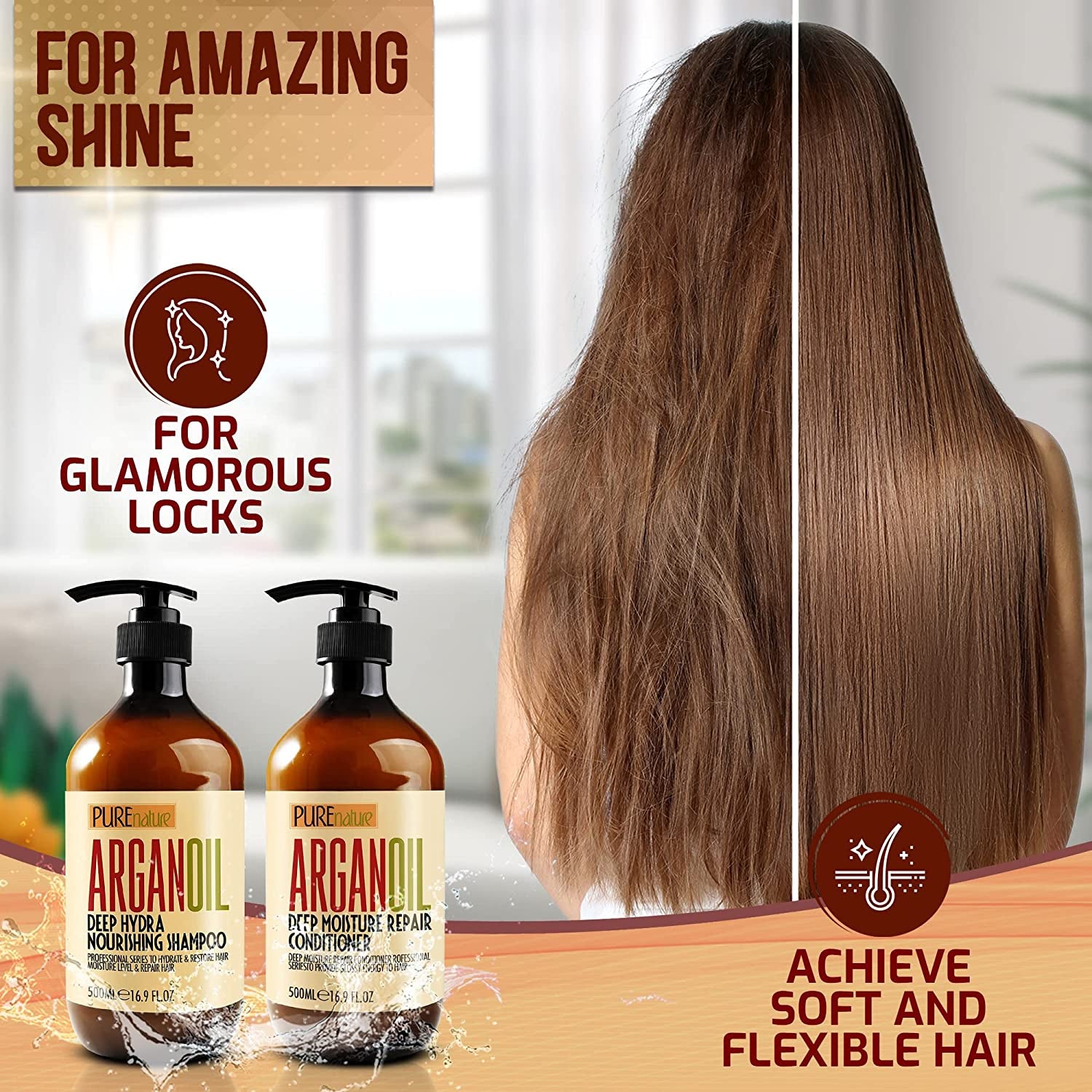 Argan Oil Shampoo and Conditioner Set - Sulfate Free Moroccan Care with Keratin - for Curly, Straight, Dry and Damaged Hair - Moisturizing, Hydrating, anti Frizz Salon Technology
