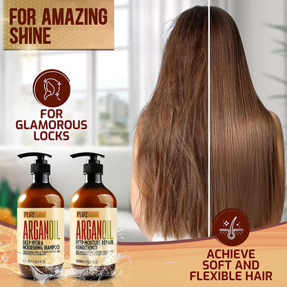 Argan Oil Shampoo and Conditioner Set - Sulfate Free Moroccan Care with Keratin - for Curly, Straight, Dry and Damaged Hair - Moisturizing, Hydrating, anti Frizz Salon Technology
