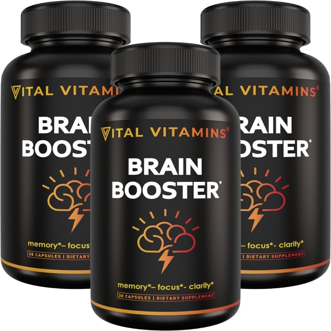 Vital Vitamins Brain Supplements for Memory and Focus (3 Pack) – Nootropic Brain Booster with Ginkgo Biloba, Rhodiola, B12 – Caffeine-Free Support for Adults & Seniors – 90-Day Supply