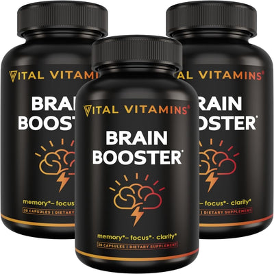 Vital Vitamins Brain Supplements for Memory and Focus (3 Pack) – Nootropic Brain Booster with Ginkgo Biloba, Rhodiola, B12 – Caffeine-Free Support for Adults & Seniors – 90-Day Supply