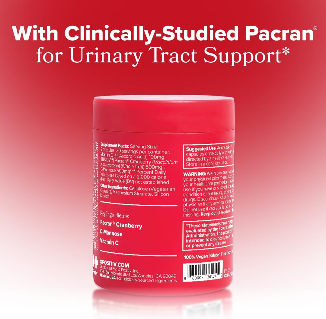 O Positiv URO Urinary Tract Health Supplement for Women, 60 Count (Pack of 1) - Urinary Support Vitamins with Pacran Complete Cranberry Extract, D-Mannose, & Vitamin C - Vegan & Gluten-Free