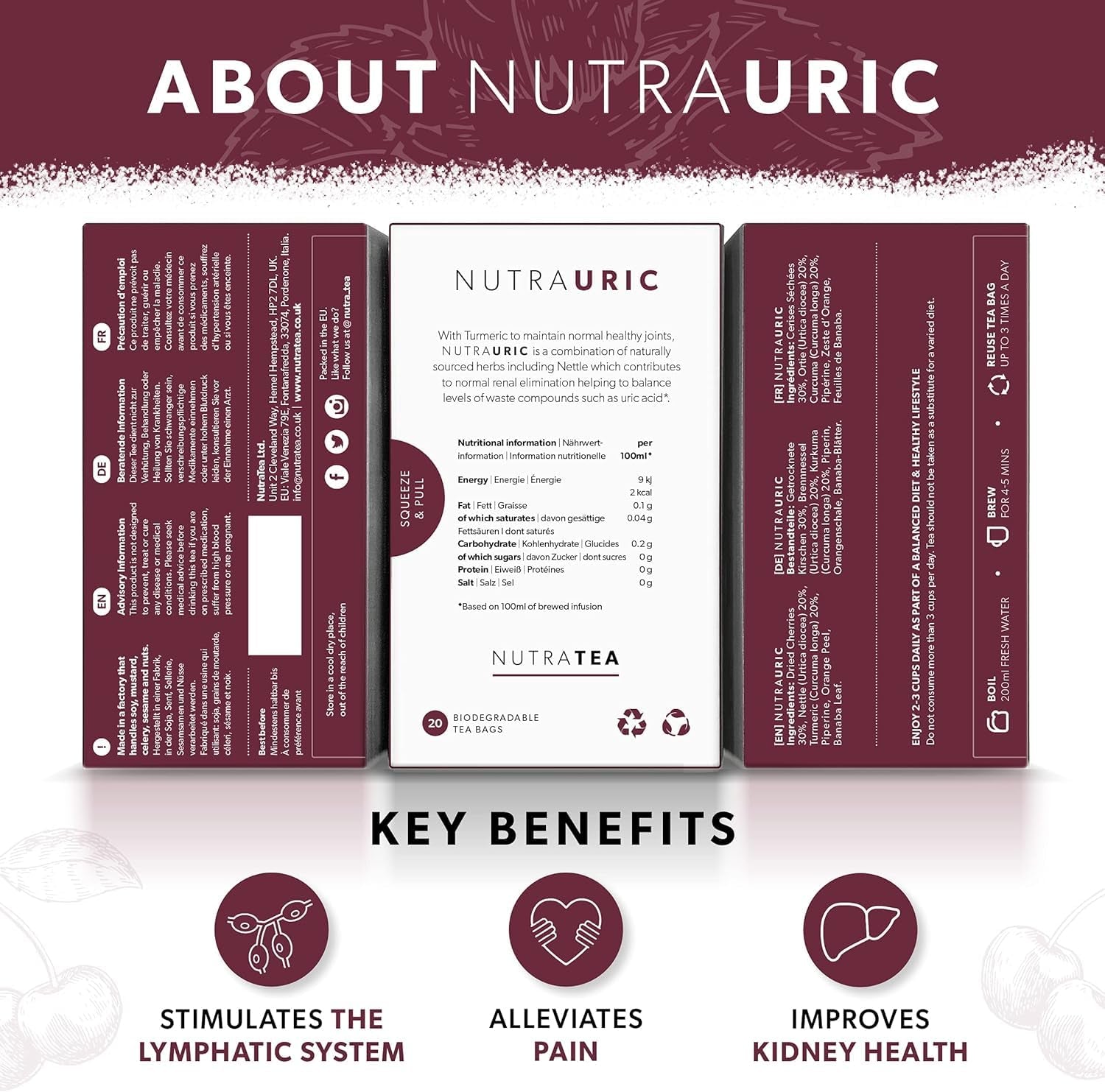 NUTRAURIC - Uric Acid Cleanse and Kidney Support – Kidney Cleanse Tea – Includes Cherry, Nettle & Turmeric - 40 Enveloped Tea Bags - by Nutra Tea - Herbal Tea - (2 Pack)