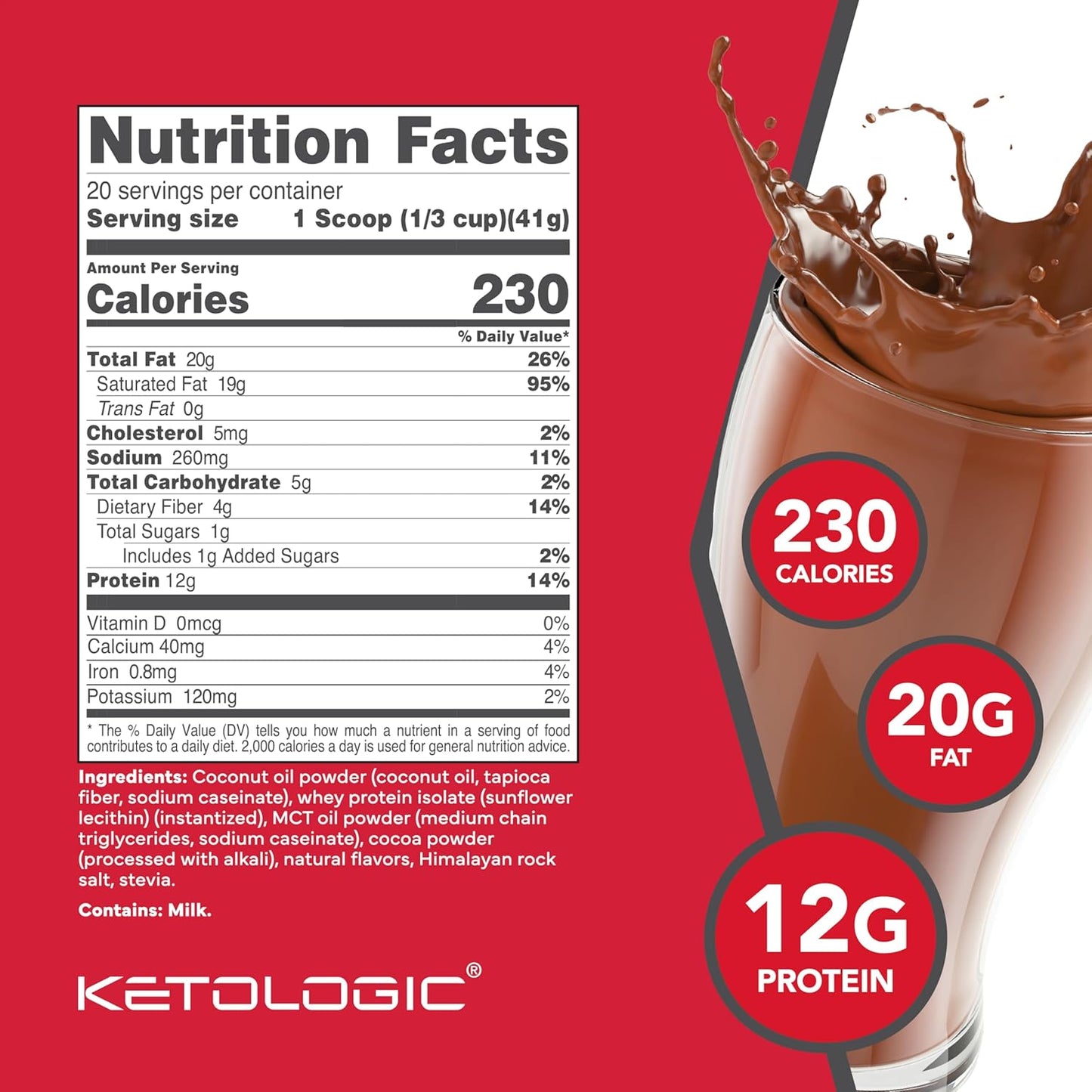 Ketologic Keto Meal Replacement Shake Powder for Optimal Results + MCT Oil + Grass-Fed Whey - Perfectly Formulated Macros for Ketosis - 20 Servings - Chocolate