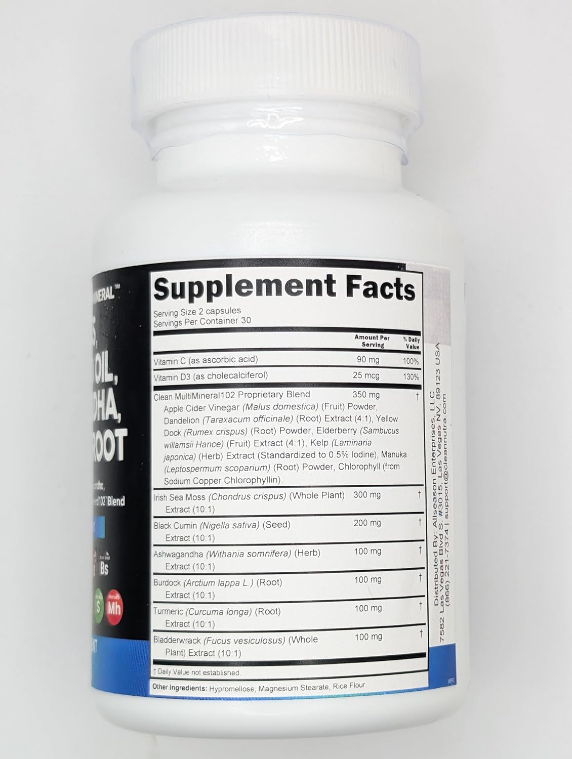 Clean Nutraceuticals Sea Moss, Black Seed Oil, Ashwagandha, Turmeric, Bladderwrack, Burdock, Vitamin C, Vitamin D3, Elderberry, Manuka, Dandelion, Yellow Dock, Iodine, Chlorophyll, and Apple Cider Vinegar Supplement