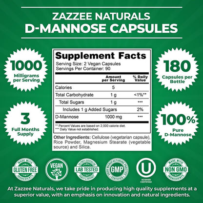 Zazzee D-Mannose, 1000 Mg per Serving, 180 Vegan Capsules, 3 Month Supply, Potent & Fast-Acting, Certified Kosher, 100% Pure, All-Natural Urinary Tract Health UTI Support, 100% Vegetarian, Non-Gmo