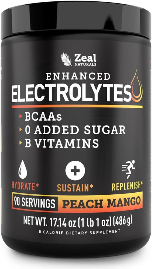 Enhanced Electrolyte Powder (Peach Mango | 90Ct.) W/ 0 Sugar +Bcaas +B-Vitamins Electrolyte Supplement W Potassium Zinc & Magnesium for Hydration - Keto Electrolytes