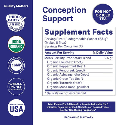 Blue Stork Men'S Fertility Tea: Organic Fertility Supplements for Men, Green Tea, Maca Root, and Ginkgo Biloba for Male Reproductive Health, Mint, 15 Sachets