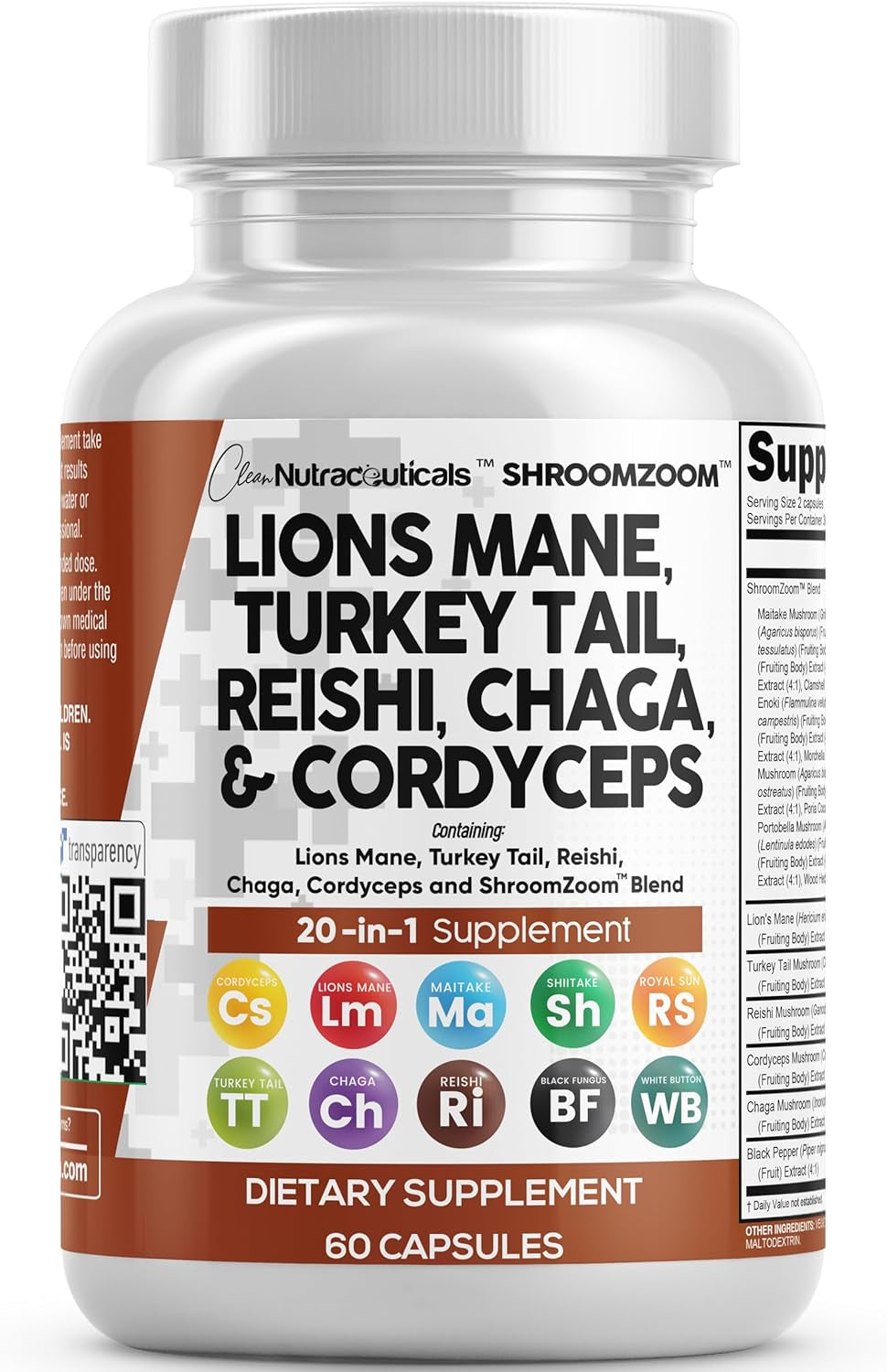 Clean Nutraceuticals Lions Mane 20In1 Mushroom Supplement with Turkey Tail Reishi Cordyceps Chaga Maitake Meshima Poria Cocos Shiitake Oyster Porcini Enoki - 1 Pack