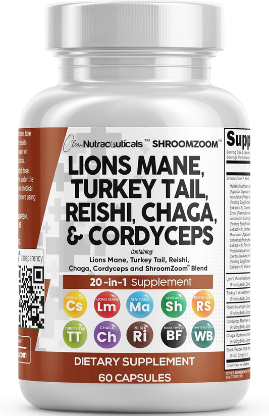 Clean Nutraceuticals Lions Mane 20In1 Mushroom Supplement with Turkey Tail Reishi Cordyceps Chaga Maitake Meshima Poria Cocos Shiitake Oyster Porcini Enoki - 1 Pack