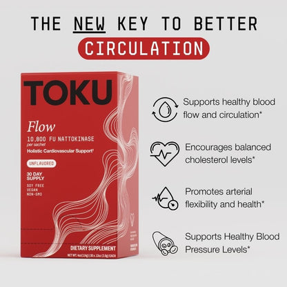 Toku Flow, Functional Daily Powder with 10,800 FU Soy-Free Nattokinase, Vitamin K2 MK7 & Oat Beta Glucan, Plant-Based Formula - 30 Packets
