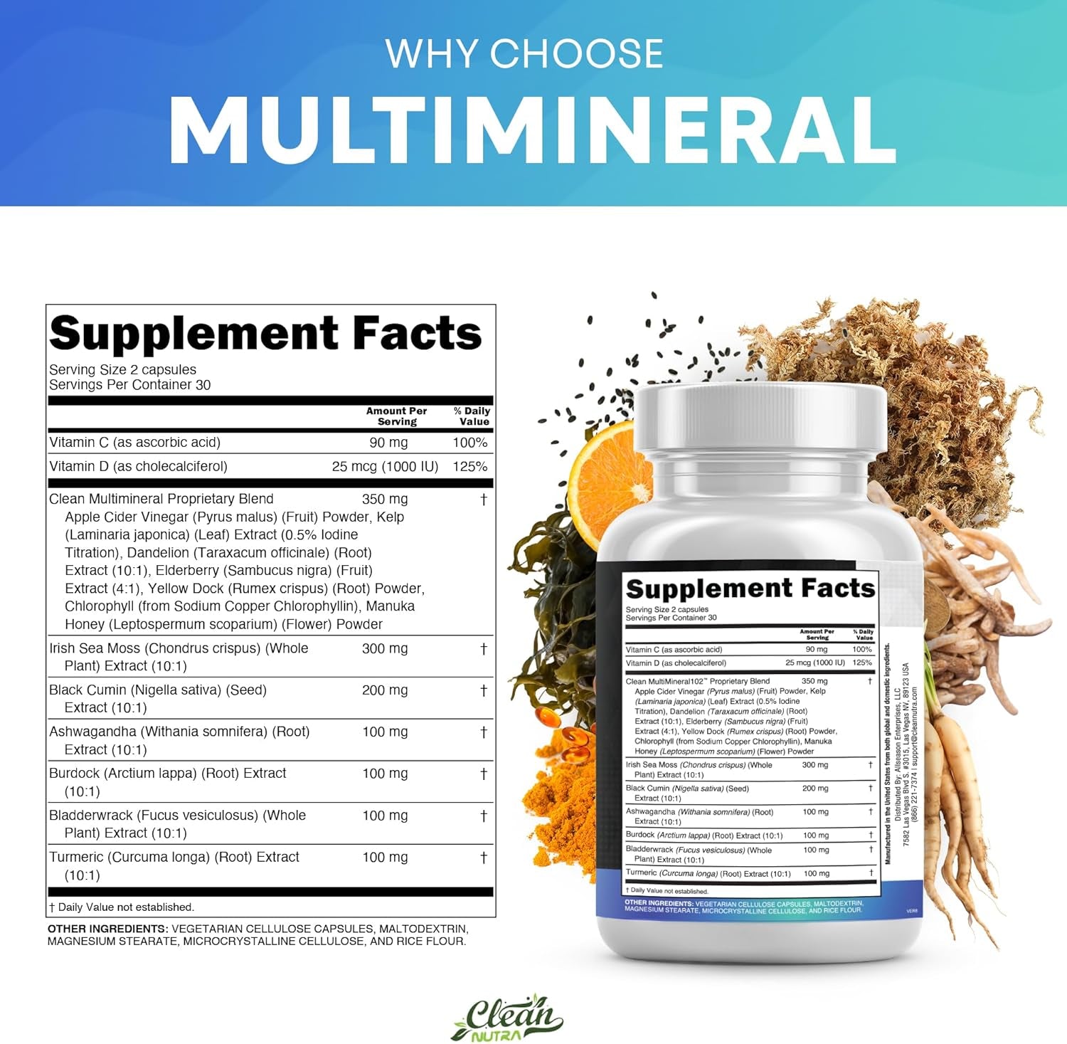 Clean Nutraceuticals Sea Moss, Black Seed Oil, Ashwagandha, Turmeric, Bladderwrack, Burdock, Vitamin C, Vitamin D3, Elderberry, Manuka, Dandelion, Yellow Dock, Iodine, Chlorophyll, and Apple Cider Vinegar Supplement