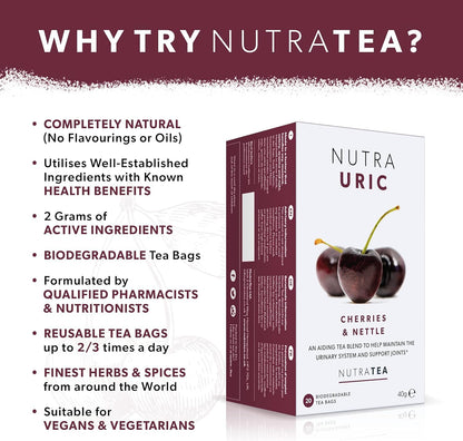 NUTRAURIC - Uric Acid Cleanse and Kidney Support – Kidney Cleanse Tea – Includes Cherry, Nettle & Turmeric - 40 Enveloped Tea Bags - by Nutra Tea - Herbal Tea - (2 Pack)