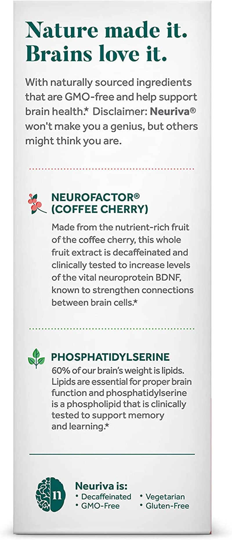 NEURIVA Original Brain Supplement for Memory, Focus & Concentration + Learning & Accuracy with Clinically Tested Nootropics Phosphatidylserine and Neurofactor, Caffeine Free, 30Ct Capsules - Free & Fast Delivery