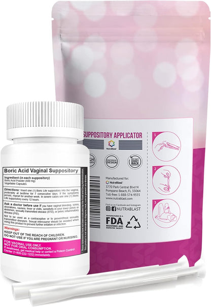 Nutrablast Boric Acid Vaginal Suppositories 600Mg Bundle with Applicator, 30 Suppositories & 15 Applicators - Feminine Care - Made in USA