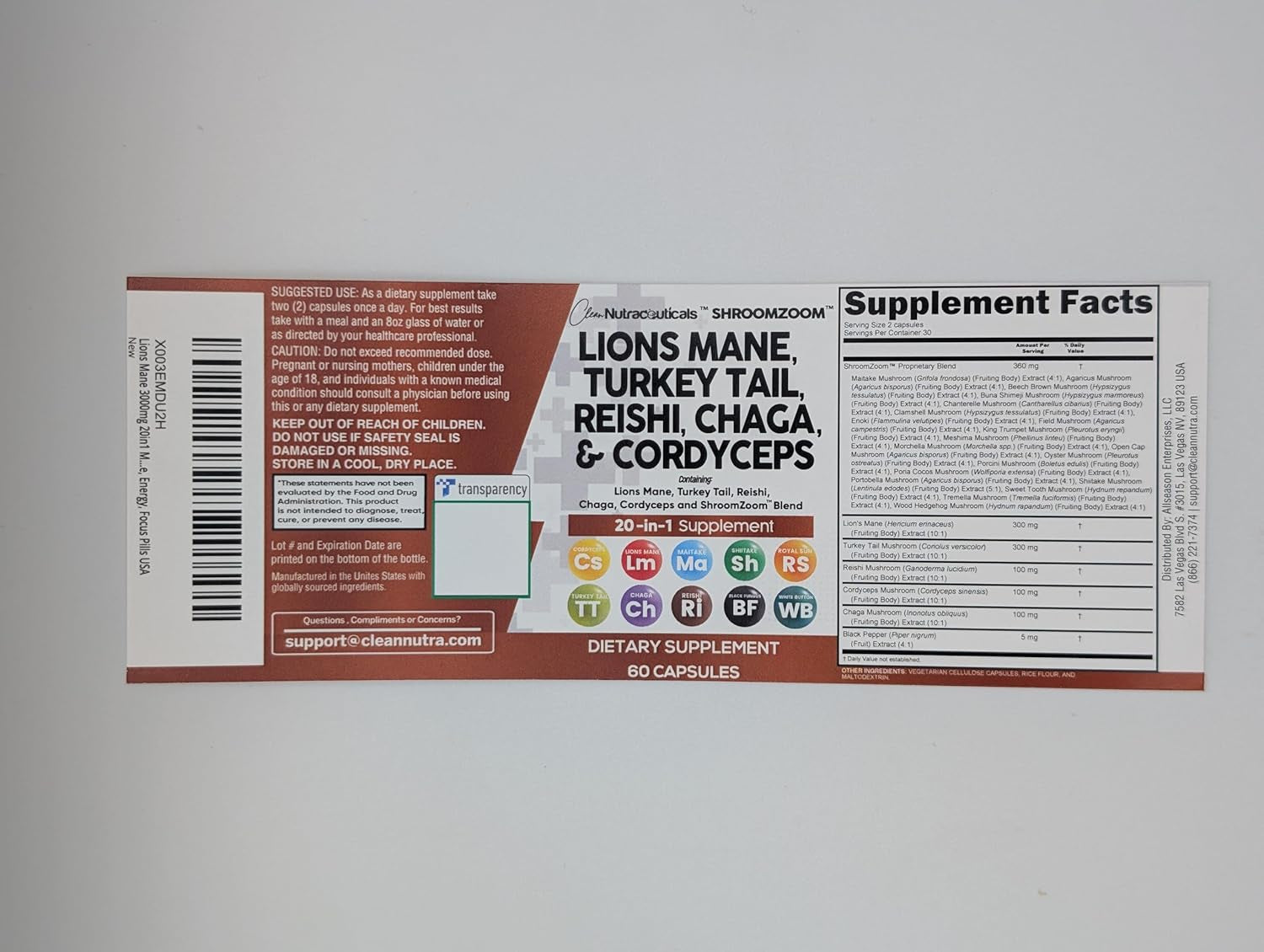 Clean Nutraceuticals Lions Mane 20In1 Mushroom Supplement with Turkey Tail Reishi Cordyceps Chaga Maitake Meshima Poria Cocos Shiitake Oyster Porcini Enoki - 1 Pack