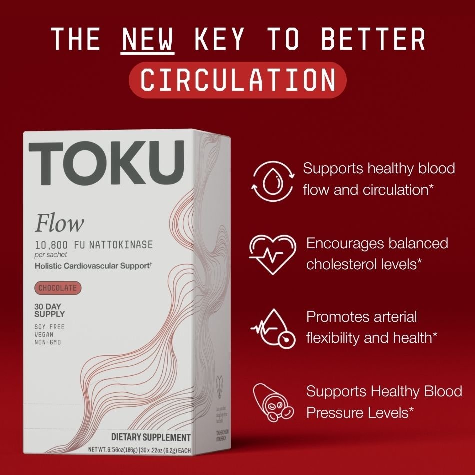 Toku Flow, Functional Daily Powder with 10,800 FU Soy-Free Nattokinase, Vitamin K2 MK7 & Oat Beta Glucan, Plant-Based Formula - 30 Packets