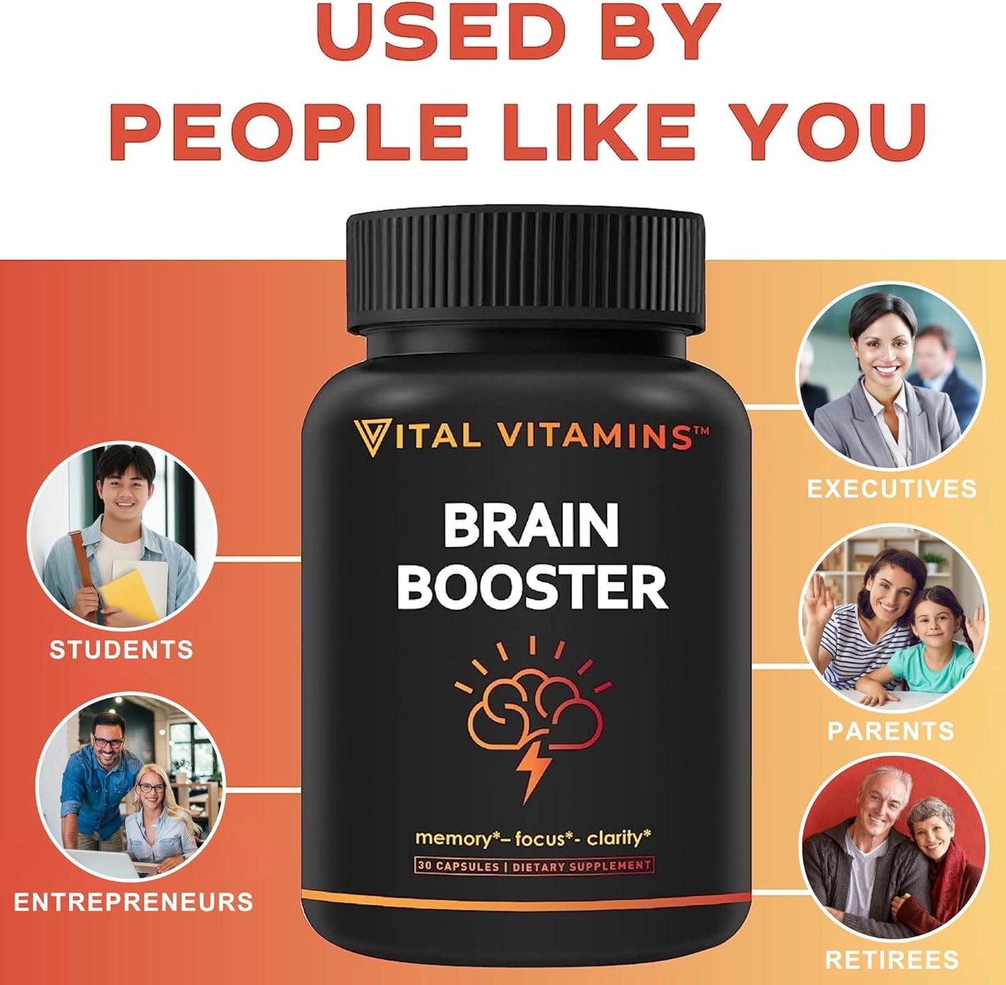Vital Vitamins Brain Supplements for Memory and Focus (2-Pack)– Nootropic Brain Booster with Ginkgo Biloba, Rhodiola, B12 – Caffeine-Free Support for Adults & Seniors – 60-Day Supply