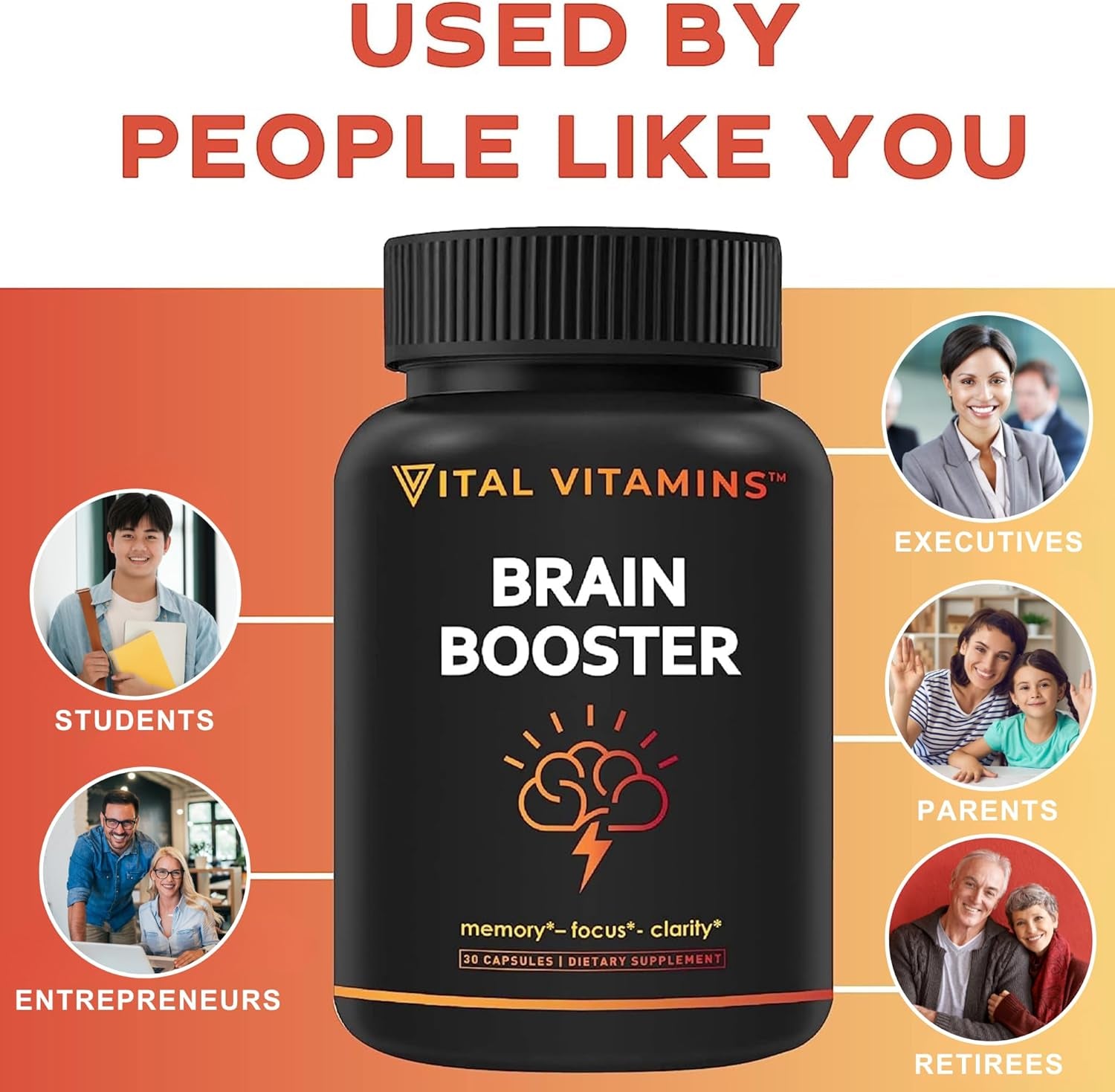 Vital Vitamins Brain Supplements for Memory and Focus (2-Pack)– Nootropic Brain Booster with Ginkgo Biloba, Rhodiola, B12 – Caffeine-Free Support for Adults & Seniors – 60-Day Supply