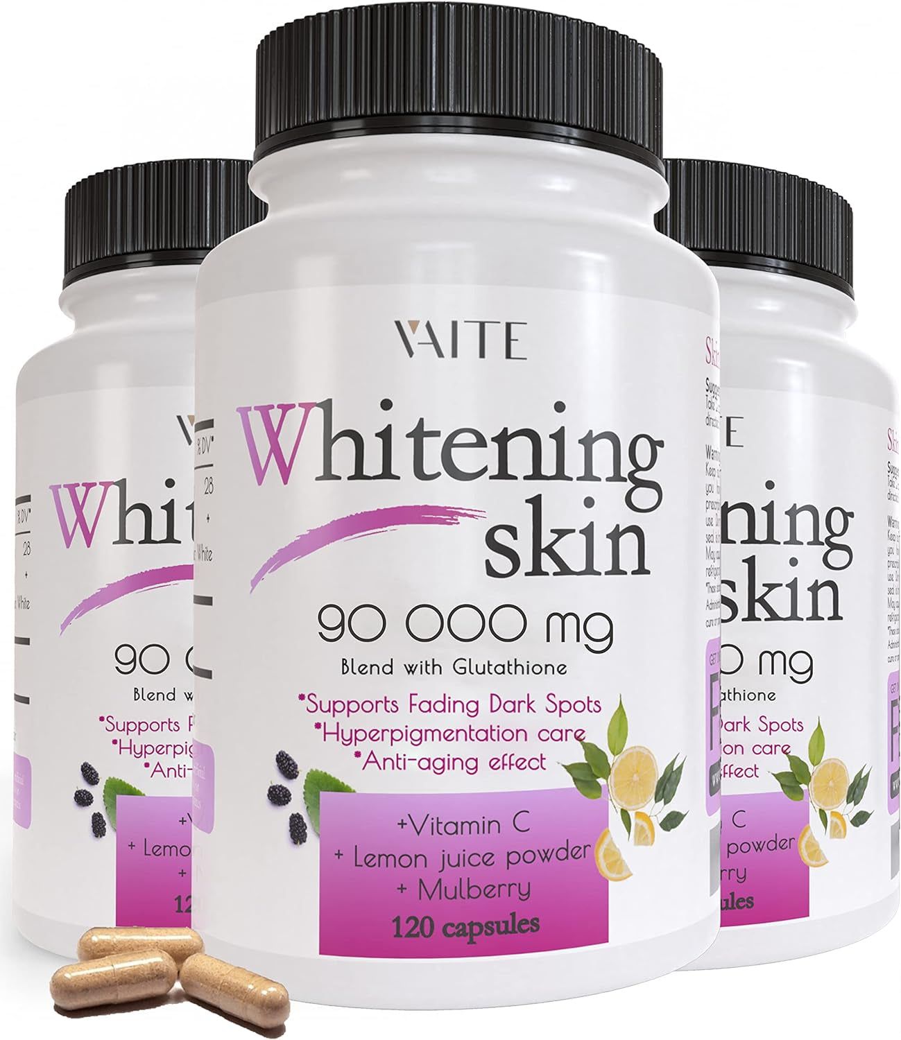 Glutathione Whitening Pills - Dark Spots & Acne Scar Remover - 90000Mg - Vegan Skin Bleaching Pills with Anti-Aging & Antioxidant Effect - 120 Capsules (3 Pack)
