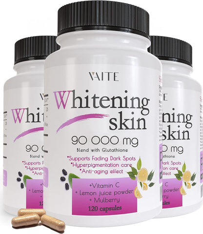 Glutathione Whitening Pills - Dark Spots & Acne Scar Remover - 90000Mg - Vegan Skin Bleaching Pills with Anti-Aging & Antioxidant Effect - 120 Capsules (3 Pack)