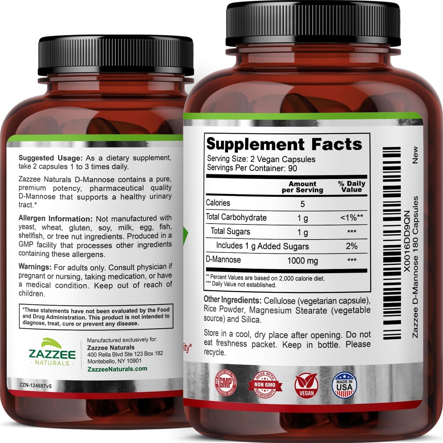 Zazzee D-Mannose, 1000 Mg per Serving, 180 Vegan Capsules, 3 Month Supply, Potent & Fast-Acting, Certified Kosher, 100% Pure, All-Natural Urinary Tract Health UTI Support, 100% Vegetarian, Non-Gmo