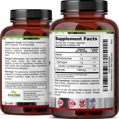 Zazzee D-Mannose, 1000 Mg per Serving, 180 Vegan Capsules, 3 Month Supply, Potent & Fast-Acting, Certified Kosher, 100% Pure, All-Natural Urinary Tract Health UTI Support, 100% Vegetarian, Non-Gmo
