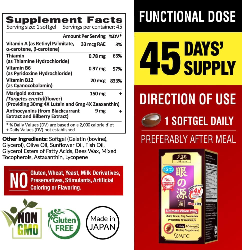 AFC Japan Ultimate Vision PRO – Improved, Up-Sized Formula - Support Vitamins for Eye Health with Lutein, Zeaxanthin 4X, Bilberry, Nutrients for Blurry Dry Eyes, Macular Health & Focus, 45 Softgelsx3