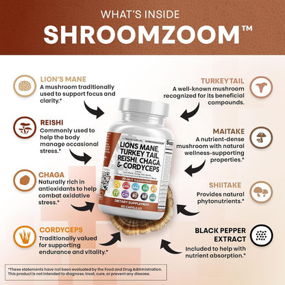 Clean Nutraceuticals Lions Mane 20In1 Mushroom Supplement with Turkey Tail Reishi Cordyceps Chaga Maitake Meshima Poria Cocos Shiitake Oyster Porcini Enoki - 1 Pack