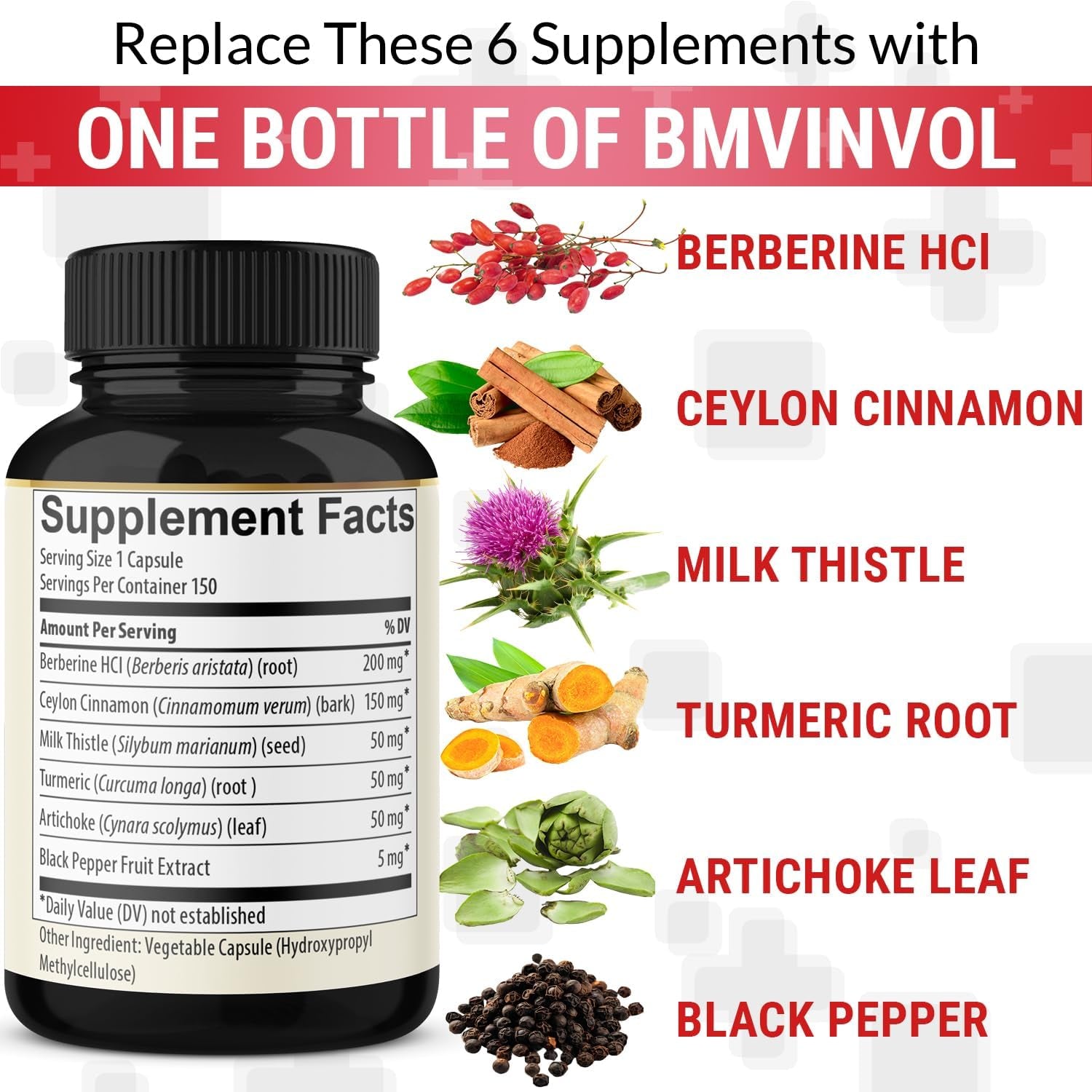 Berberine with Ceylon Cinnamon, Turmeric, Milk Thistle, Artichoke, Black Pepper - 150 Count - Pack of 1