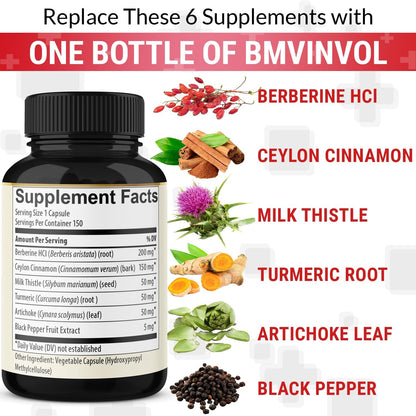 Berberine with Ceylon Cinnamon, Turmeric, Milk Thistle, Artichoke, Black Pepper - 150 Count - Pack of 1