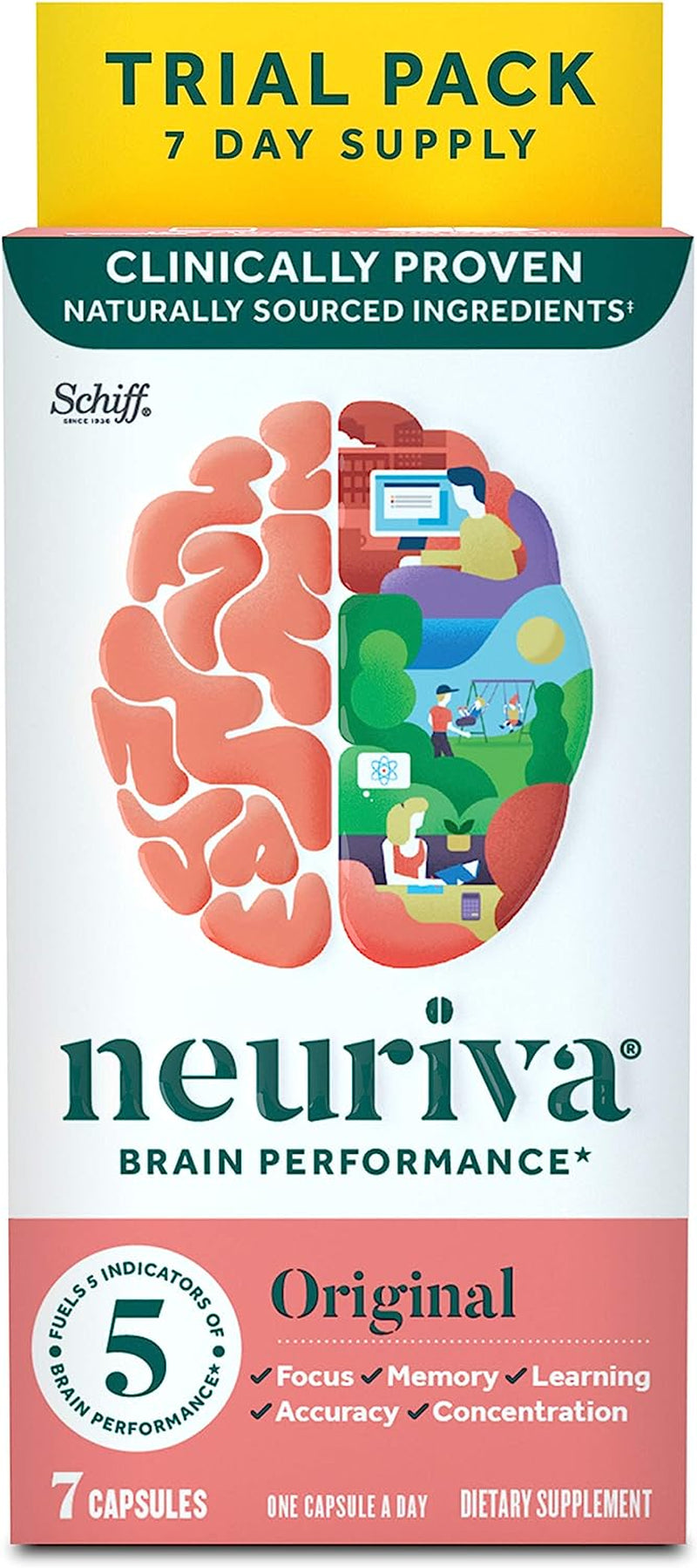 NEURIVA Original Brain Supplement for Memory, Focus & Concentration + Learning & Accuracy with Clinically Tested Nootropics Phosphatidylserine and Neurofactor, Caffeine Free, 30Ct Capsules - Free & Fast Delivery