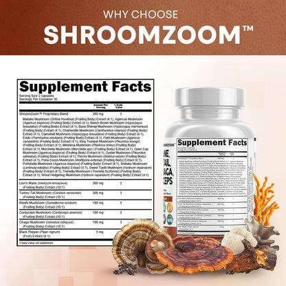 Clean Nutraceuticals Lions Mane 20In1 Mushroom Supplement with Turkey Tail Reishi Cordyceps Chaga Maitake Meshima Poria Cocos Shiitake Oyster Porcini Enoki - 1 Pack