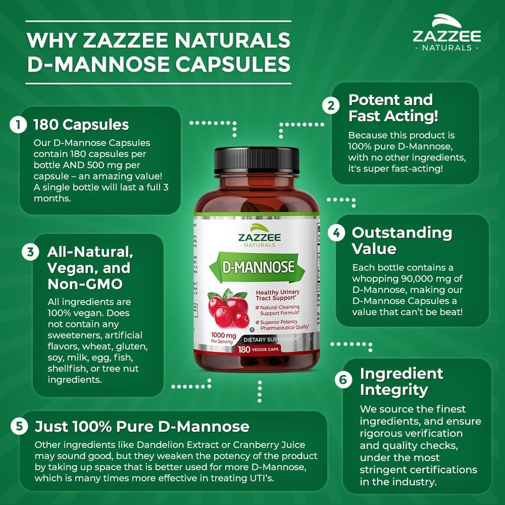 Zazzee D-Mannose, 1000 Mg per Serving, 180 Vegan Capsules, 3 Month Supply, Potent & Fast-Acting, Certified Kosher, 100% Pure, All-Natural Urinary Tract Health UTI Support, 100% Vegetarian, Non-Gmo