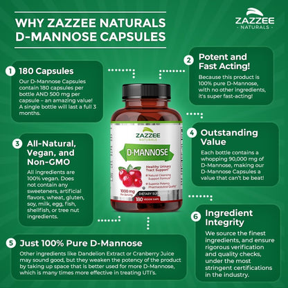 Zazzee D-Mannose, 1000 Mg per Serving, 180 Vegan Capsules, 3 Month Supply, Potent & Fast-Acting, Certified Kosher, 100% Pure, All-Natural Urinary Tract Health UTI Support, 100% Vegetarian, Non-Gmo