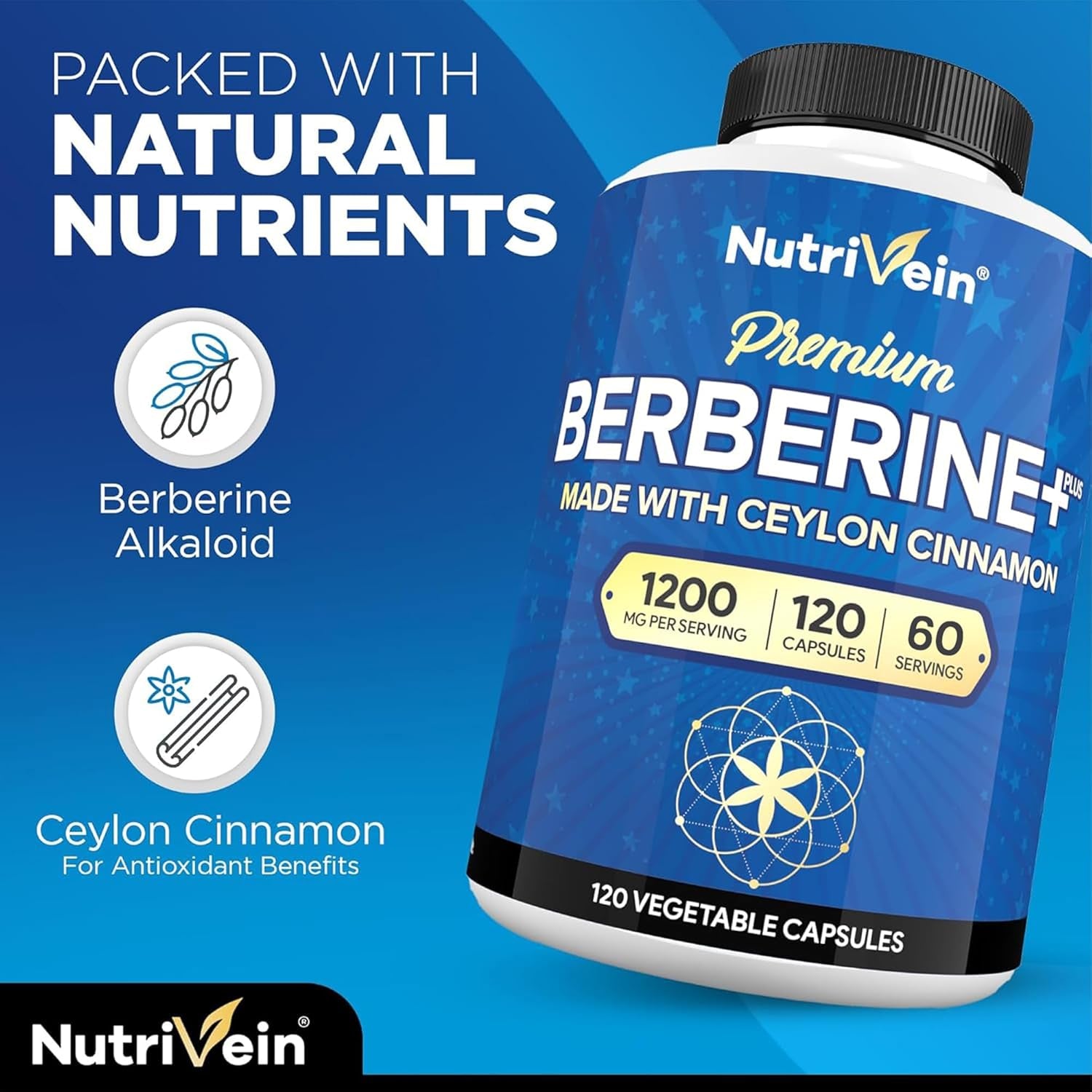 Nutrivein Premium Berberine HCL 1200 Mg with Ceylon Cinnamon - 120 Capsules: High-Absorption Berberine Supplement for Defenses, Digestion, & Metabolism