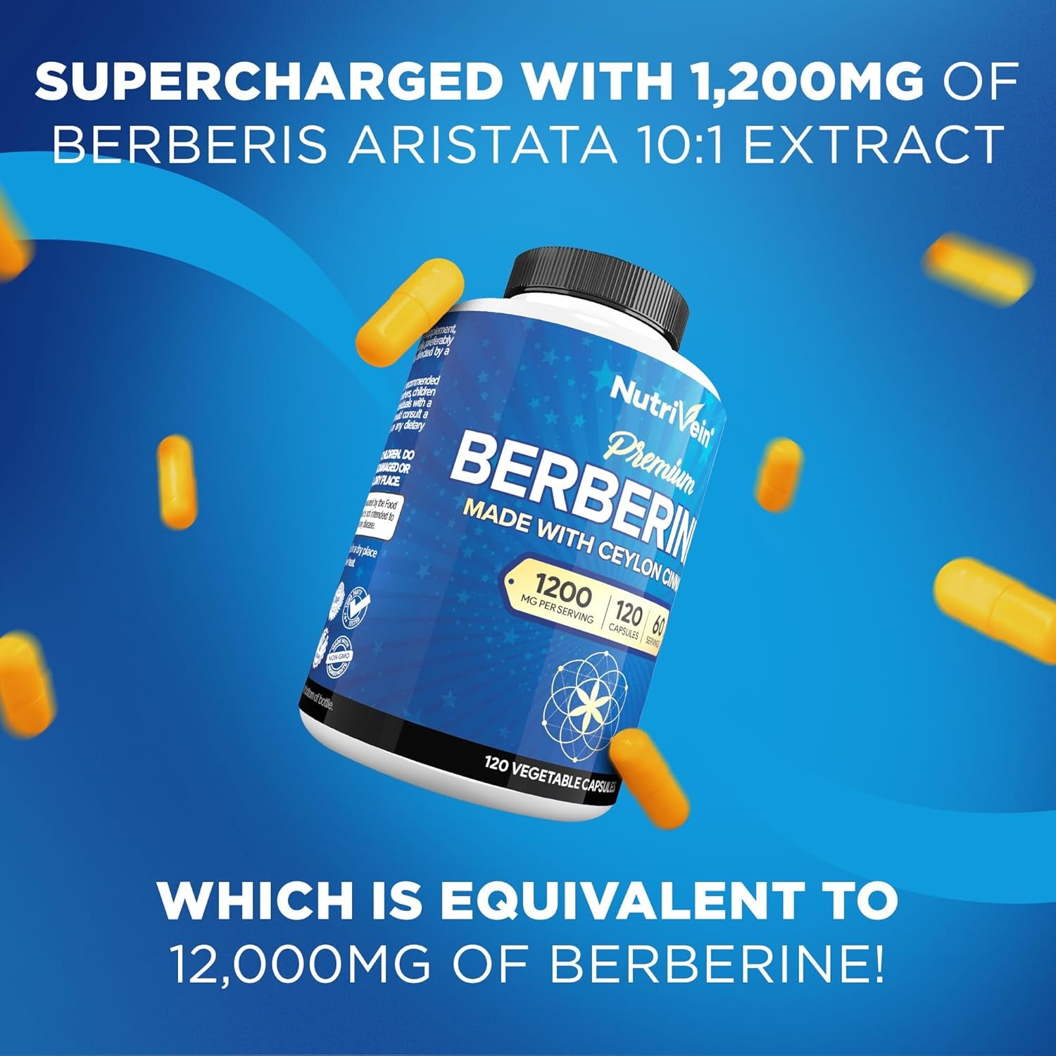 Nutrivein Premium Berberine HCL 1200 Mg with Ceylon Cinnamon - 120 Capsules: High-Absorption Berberine Supplement for Defenses, Digestion, & Metabolism