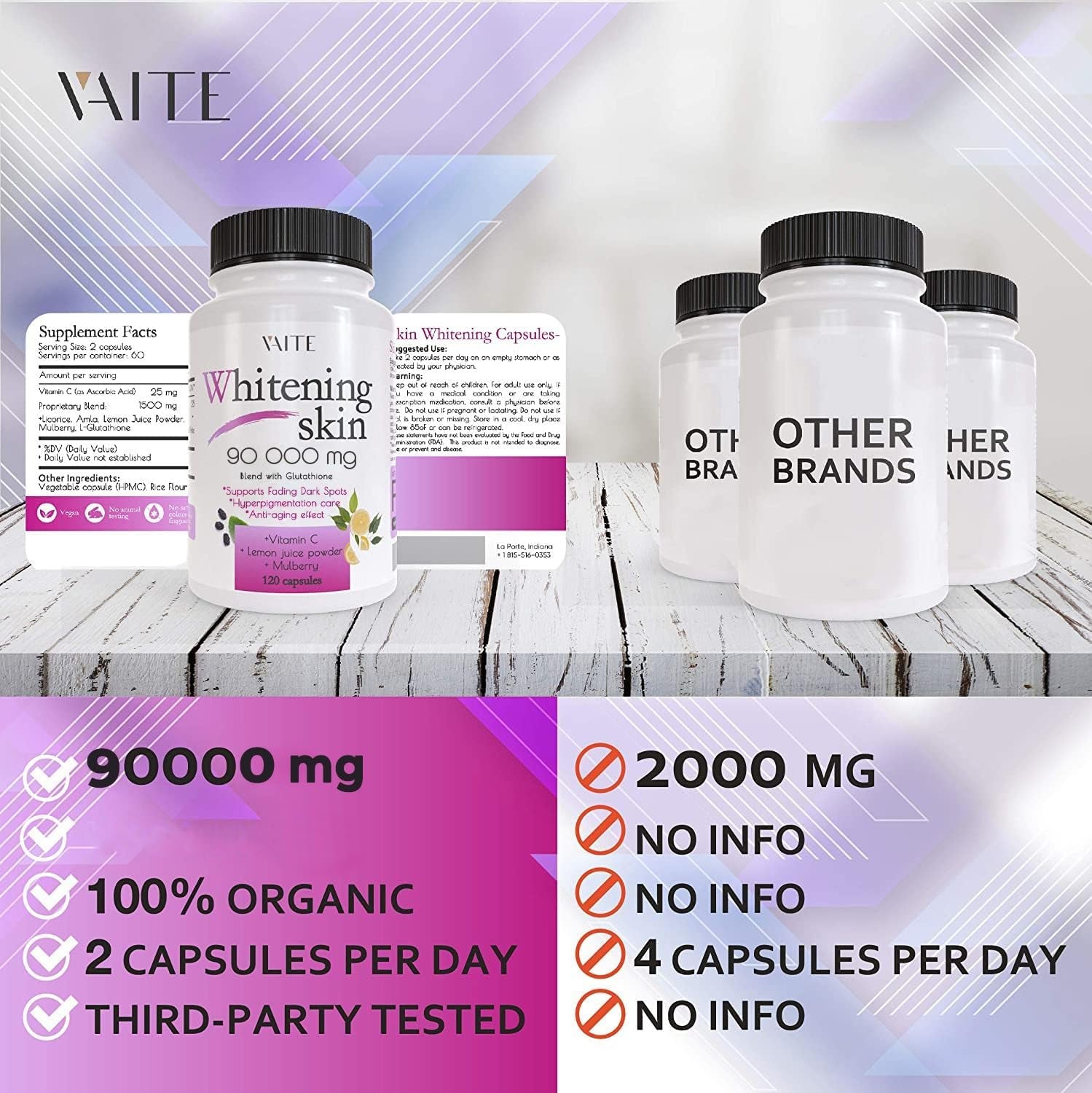 Glutathione Whitening Pills - Dark Spots & Acne Scar Remover - 90000Mg - Vegan Skin Bleaching Pills with Anti-Aging & Antioxidant Effect - 120 Capsules (3 Pack)