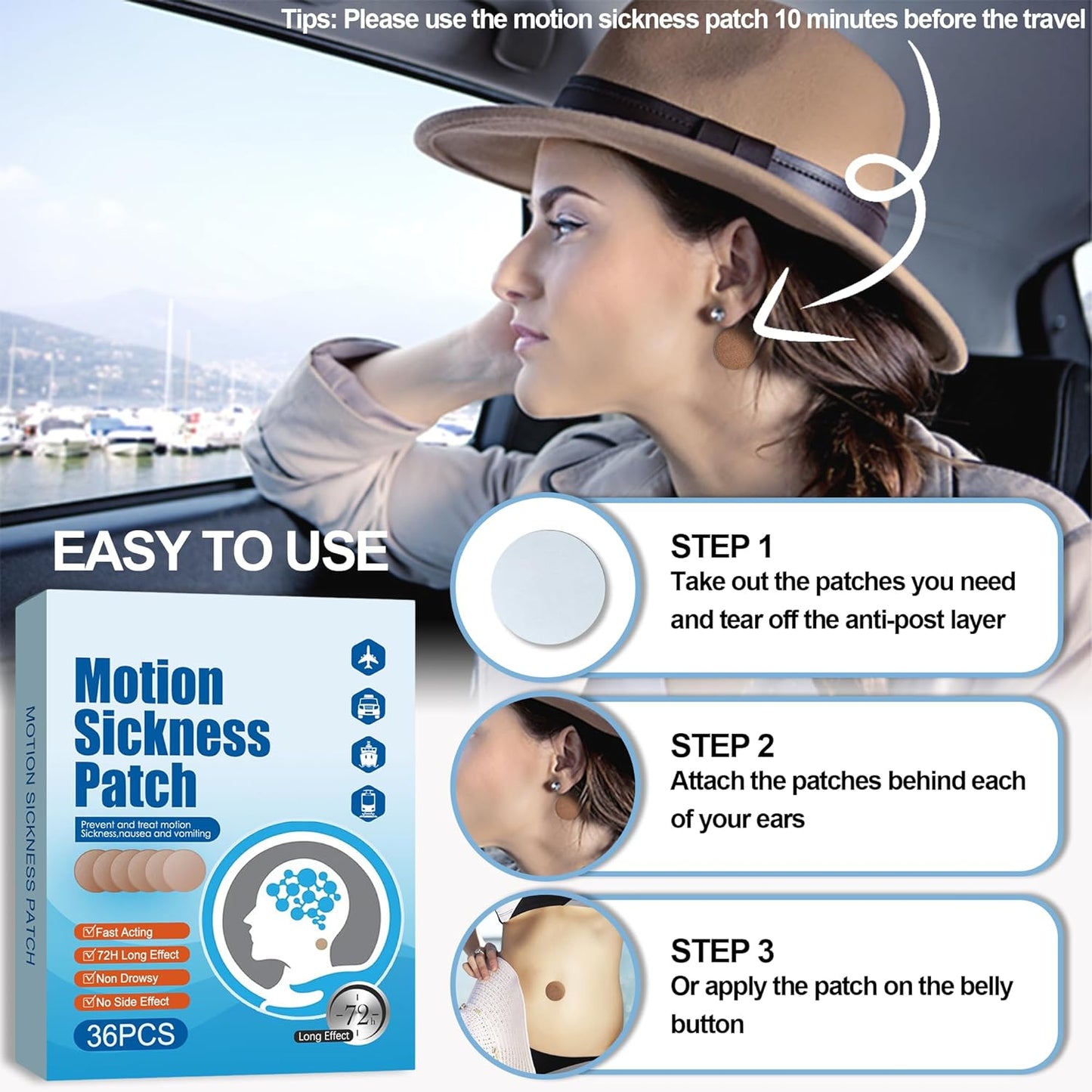 Ultimate Motion Sickness Relief Patches - Fast-Acting Treatment for Dizziness, Nausea, and Vertigo - Perfect for Travel by Cruise, Car, Boat, and Airplane - 36 Count