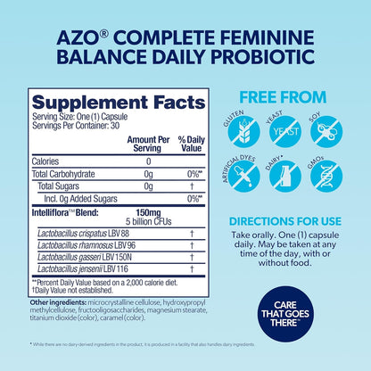 AZO Complete Feminine Balance Daily Probiotics for Women, Clinically Proven to Help Protect Vaginal Health, Balance Ph and Yeast, Non-Gmo, 30 Count